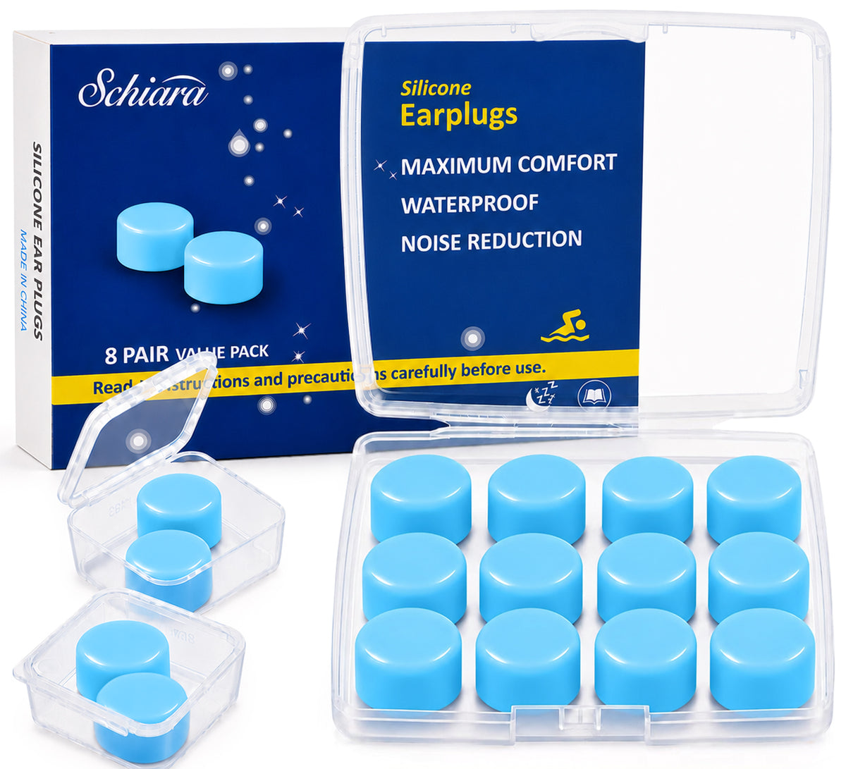 Ear Plugs for Sleeping, 16 Moldable Noise Cancelling Silicone Earplugs for Swimming, Snoring, Sleep and Studying, Blue