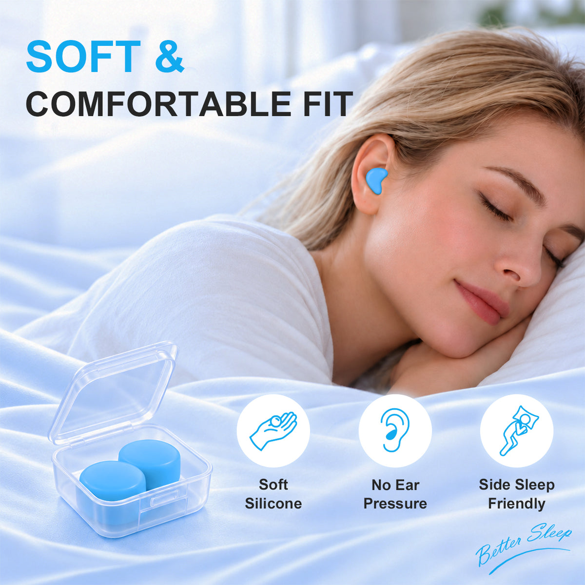 Ear Plugs for Sleeping, 16 Moldable Noise Cancelling Silicone Earplugs for Swimming, Snoring, Sleep and Studying, Blue