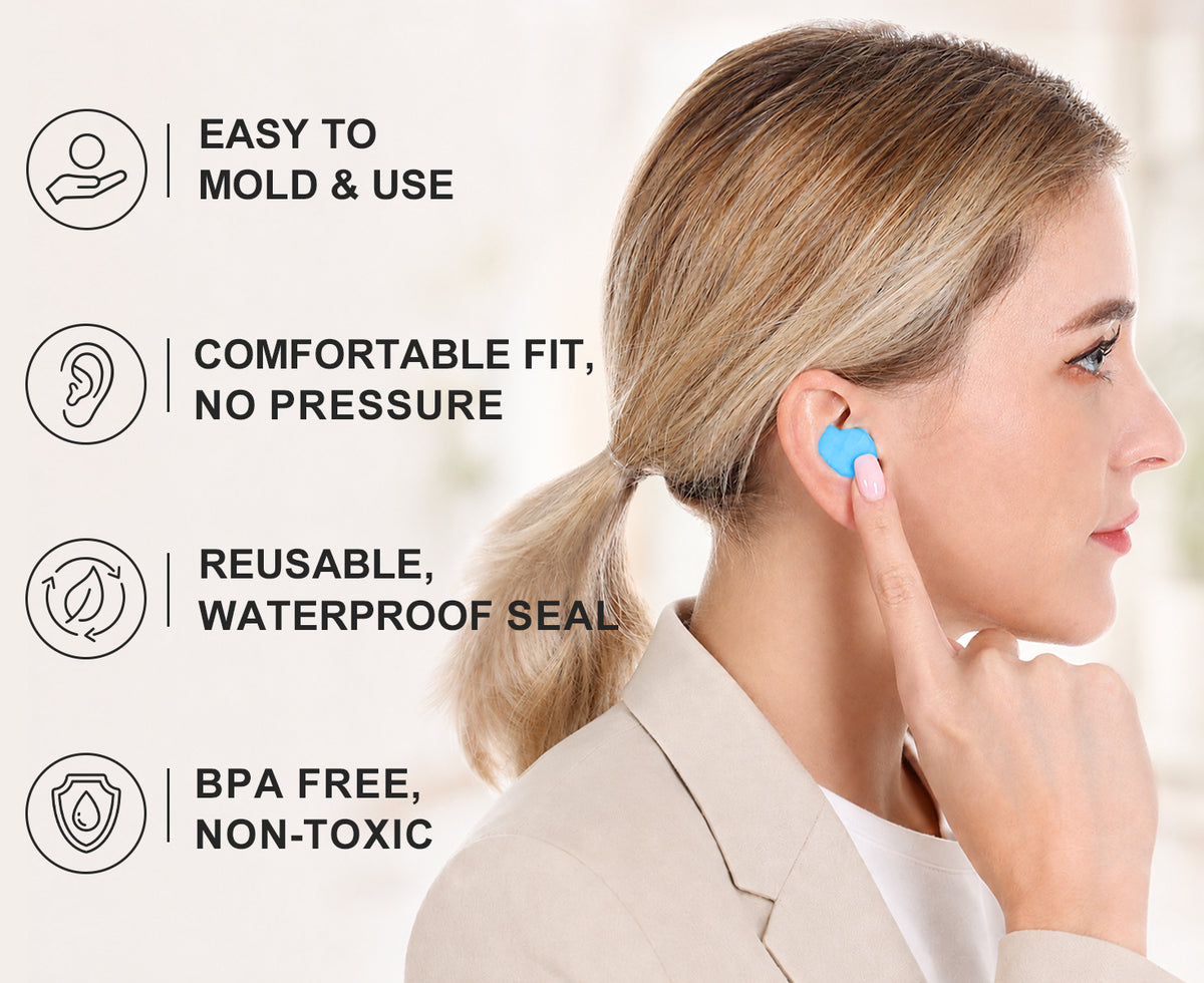Ear Plugs for Sleeping, 16 Moldable Noise Cancelling Silicone Earplugs for Swimming, Snoring, Sleep and Studying, Blue