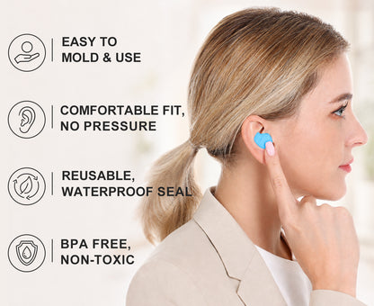 Ear Plugs for Sleeping, 16 Moldable Noise Cancelling Silicone Earplugs for Swimming, Snoring, Sleep and Studying, Blue