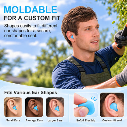 Ear Plugs for Sleeping, 16 Moldable Noise Cancelling Silicone Earplugs for Swimming, Snoring, Sleep and Studying, Blue