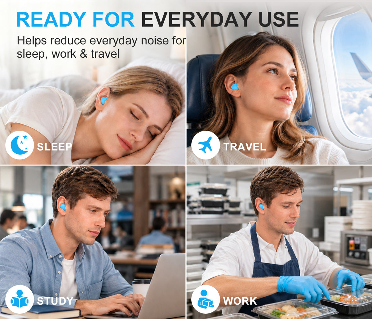 Ear Plugs for Sleeping, 16 Moldable Noise Cancelling Silicone Earplugs for Swimming, Snoring, Sleep and Studying, Blue